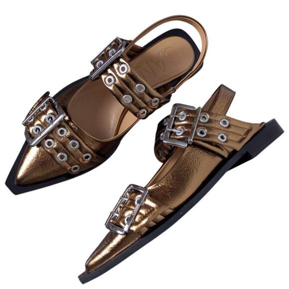 GANNI Feminine Buckle Ballerinas Synthetic Leather Bronze Shoes New EU 40 US 10 - Picture 1 of 12